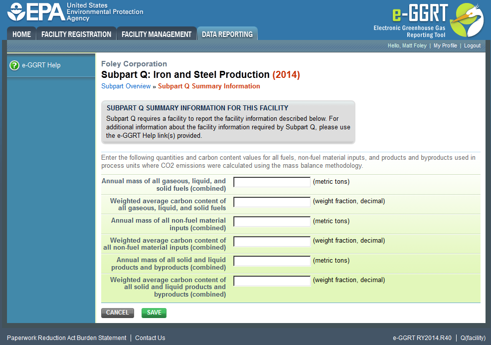 Subpart Q Summary Information page image